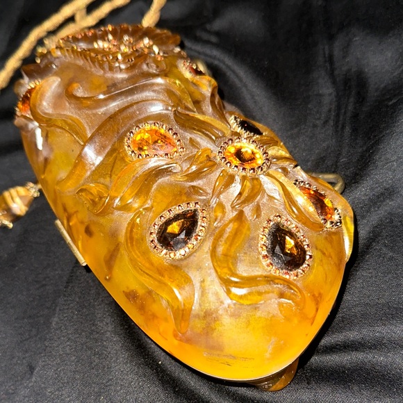 Maya Amber Gold Carved Clutch/Chain w/Crystal Exquisite Evening Bag - Picture 7 of 7